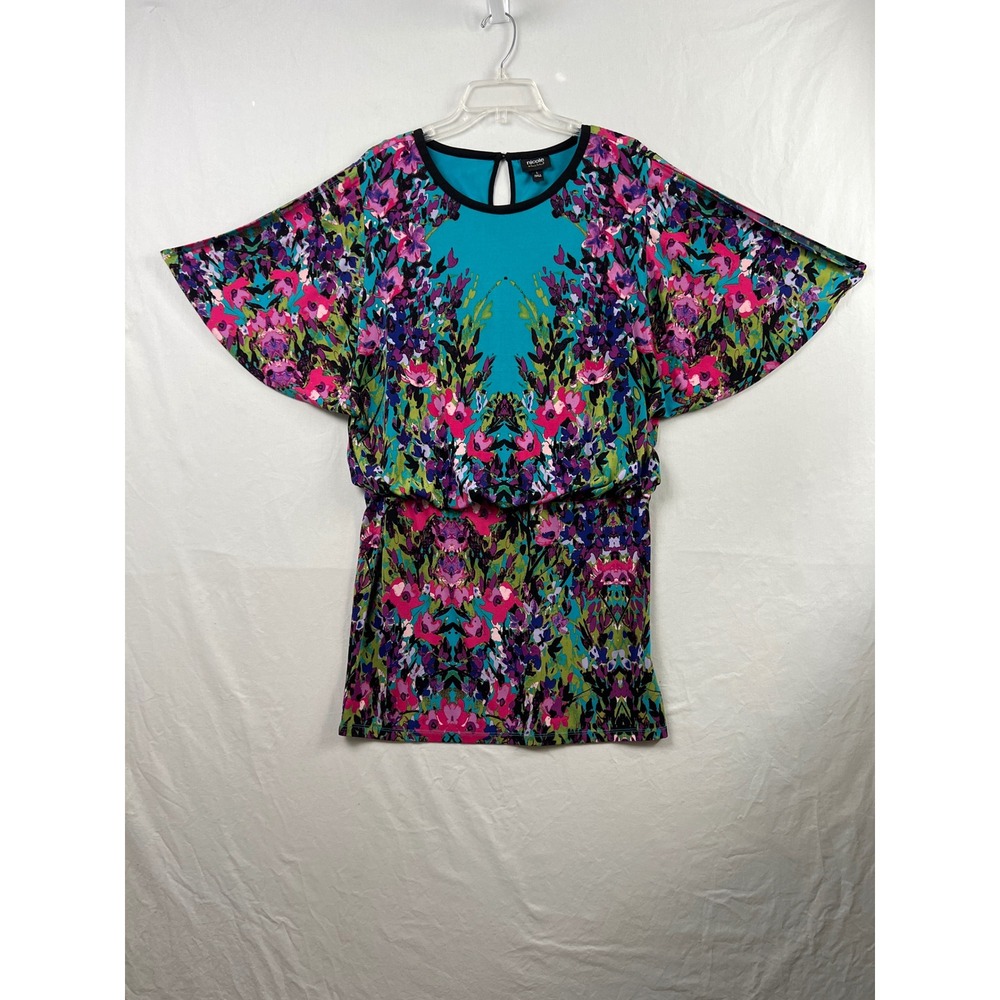 Nicole by Nicole Miller Dress Womens L Teal Floral Blouson Split Flutter Sleeve